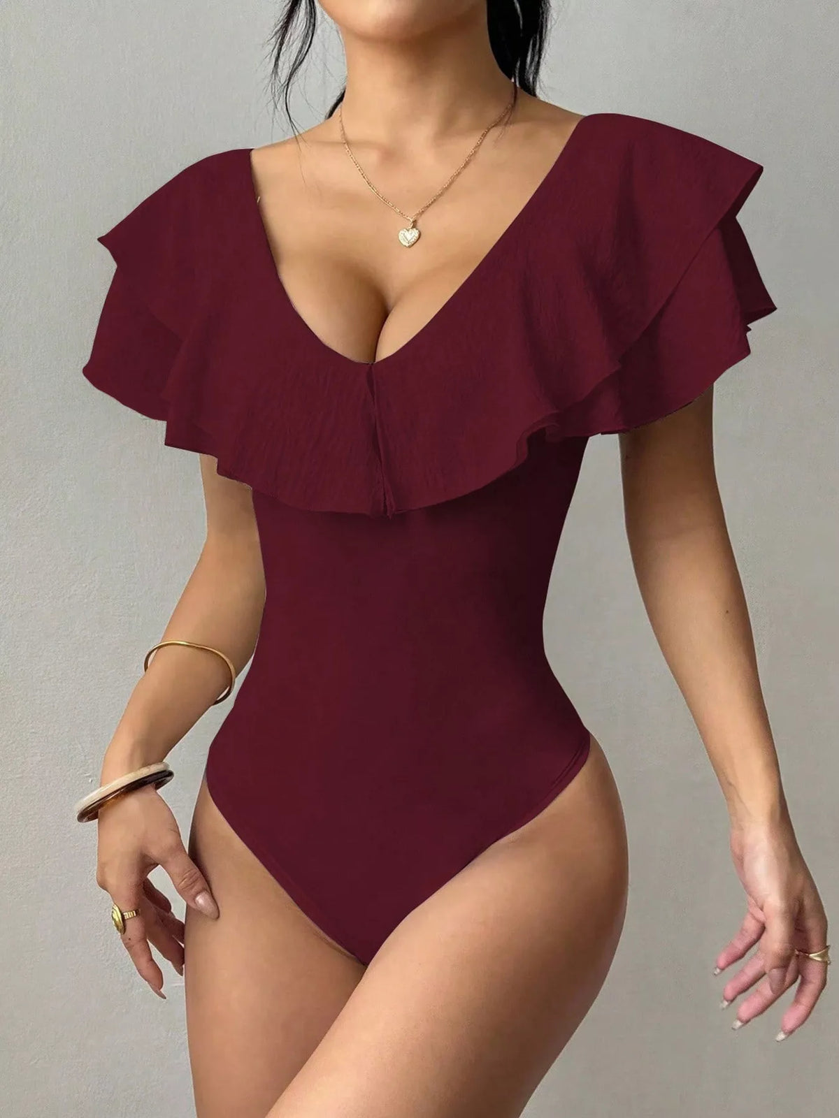 Ruffle Trim V-Neck Bodysuit - Lilixa.store
