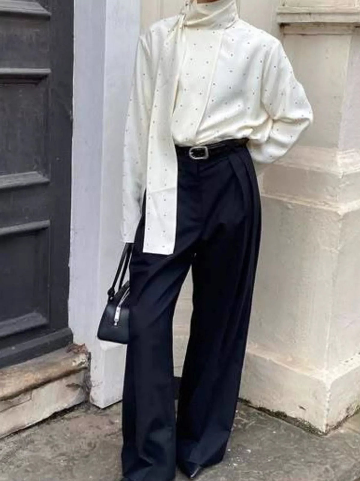 Polka Dot Silk Blouse with Scarf Neck Tie in White, view 6