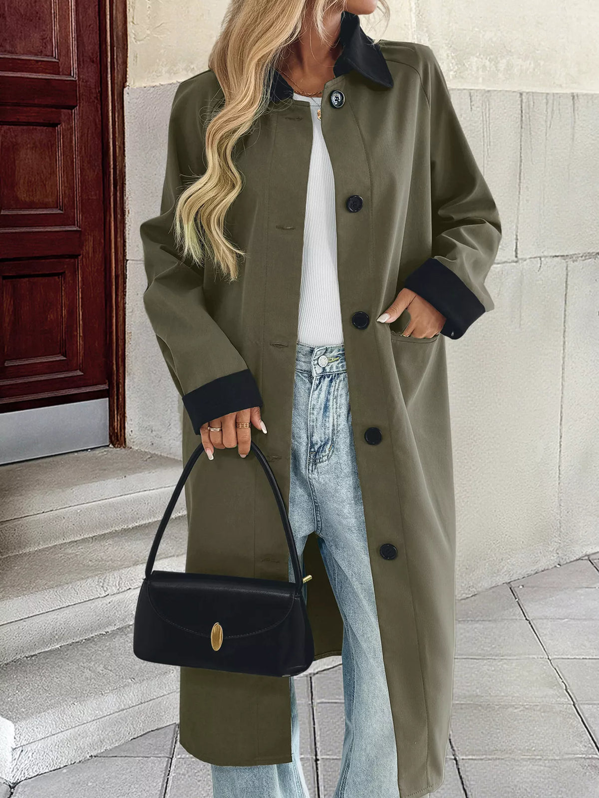 Contrast Collar Button Up Coat in Green