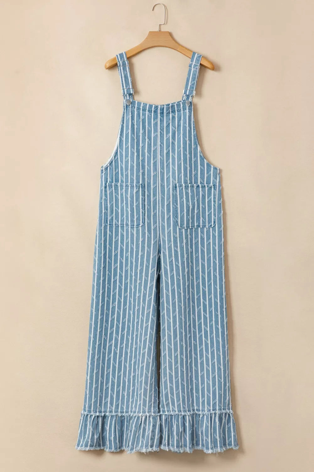 Striped Distressed Ruffled Wide Leg Denim Overalls in Light Blue, view 5
