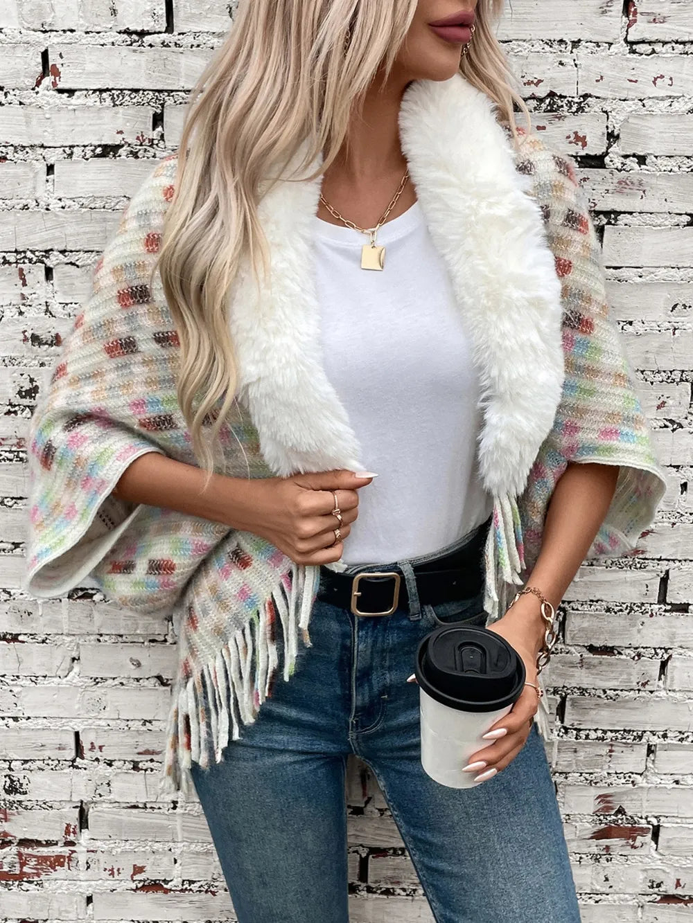 Fringe Fuzzy Open Front Poncho - Lilixa.store