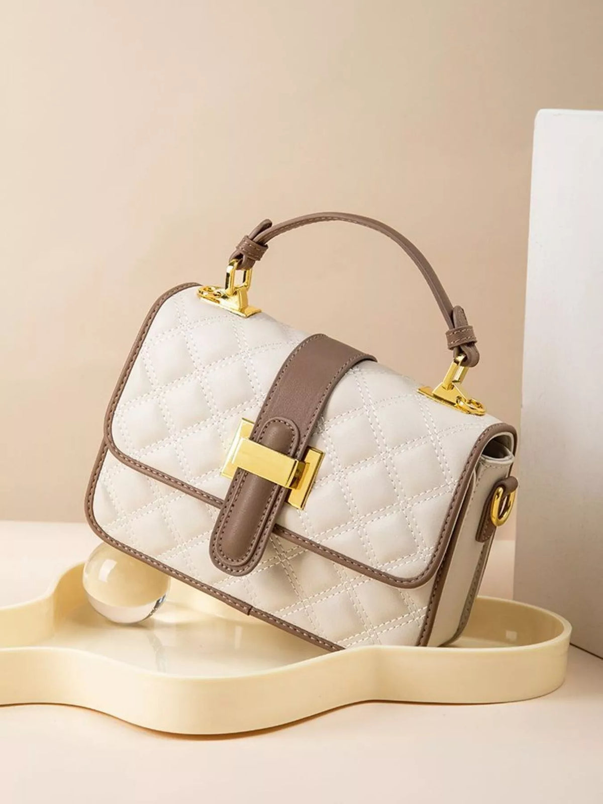 Quilted Contrast Crossbody Bag with Gold-Tone Hardware and Chain Strap in Off-white, view 6
