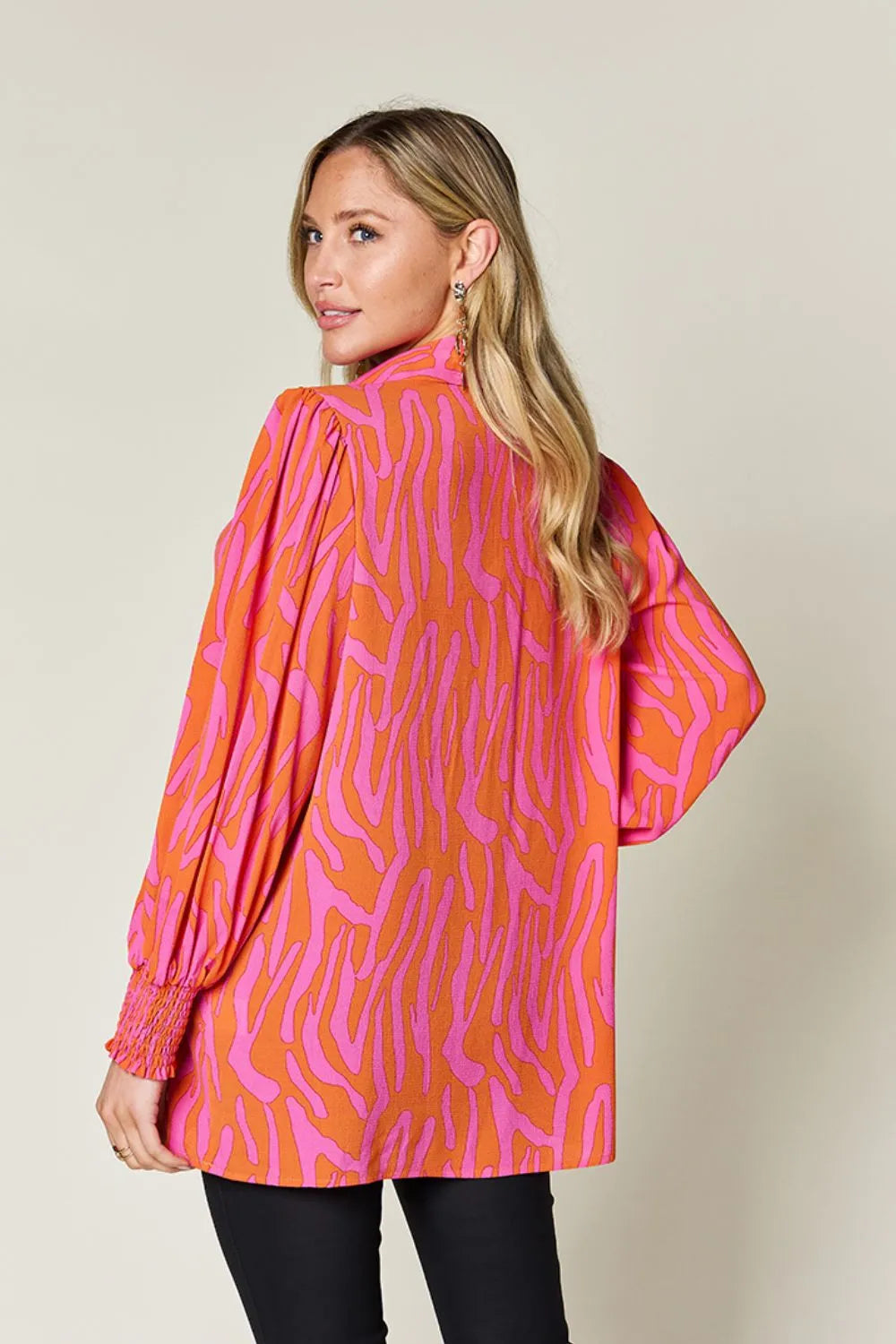 Double Take Full Size Printed Smocked Long Sleeve Blouse Plus Size - Lilixa.store