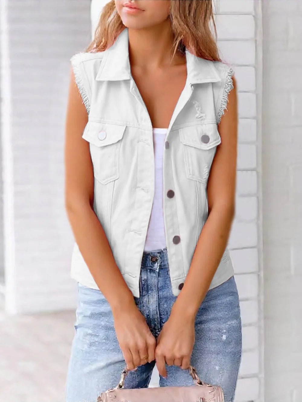 Full Size Button Down Raw Hem Sleeveless Denim Jacket Plus Size in White