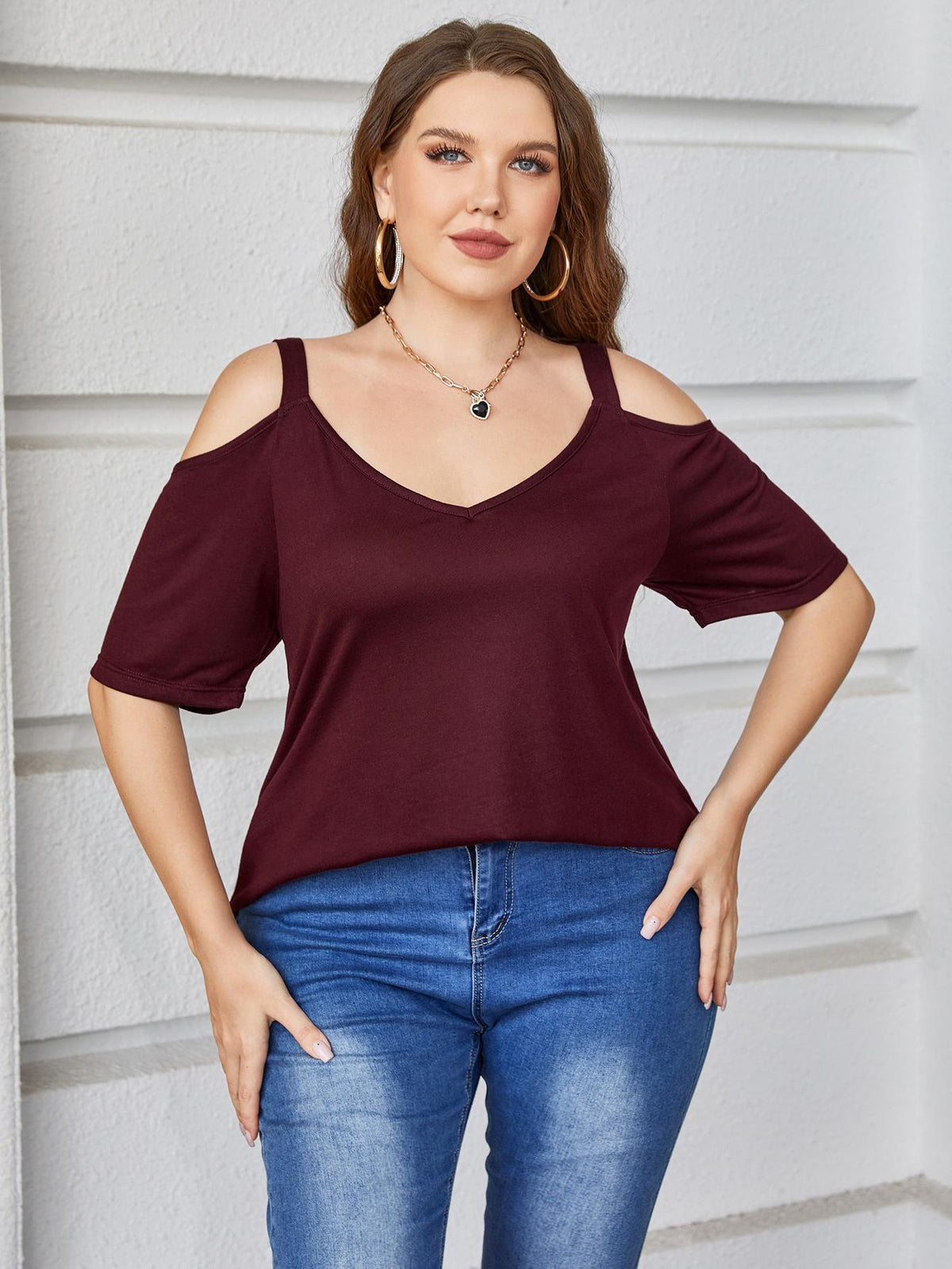 Plus Size V-Neck Cold-Shoulder Blouse in Burgundy, view 3