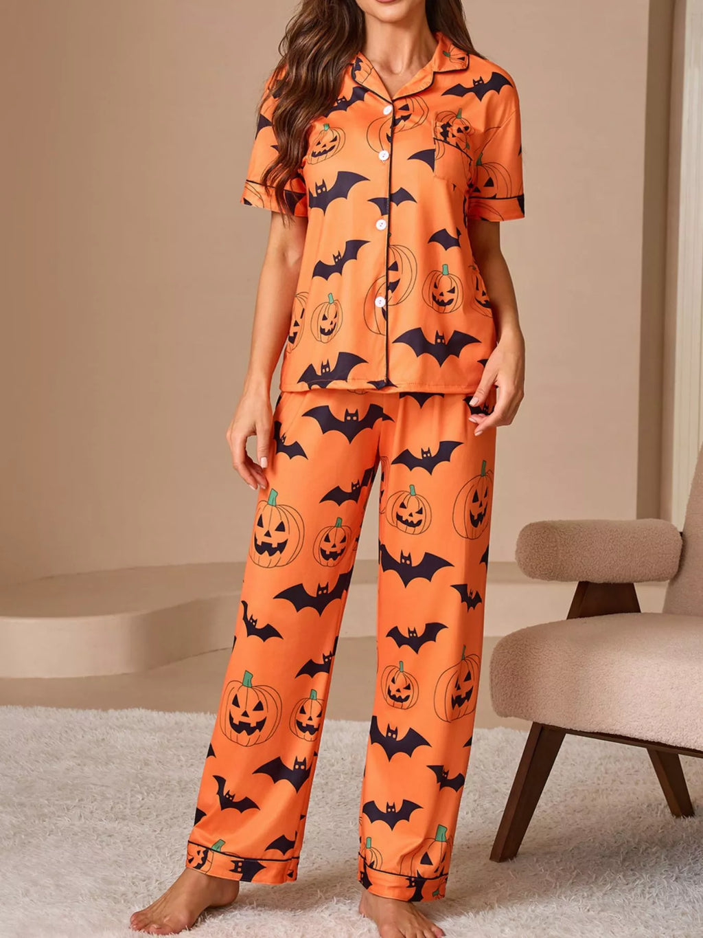 Halloween Pumpkin and Bat Print Button-Down Top and Pants Lounge Set - Lilixa.store