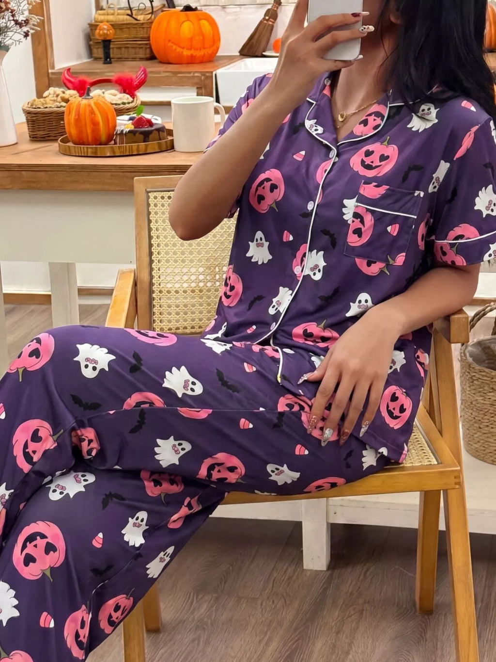 Halloween Pumpkin Print Button-Down Top and Pants Set - Lilixa.store