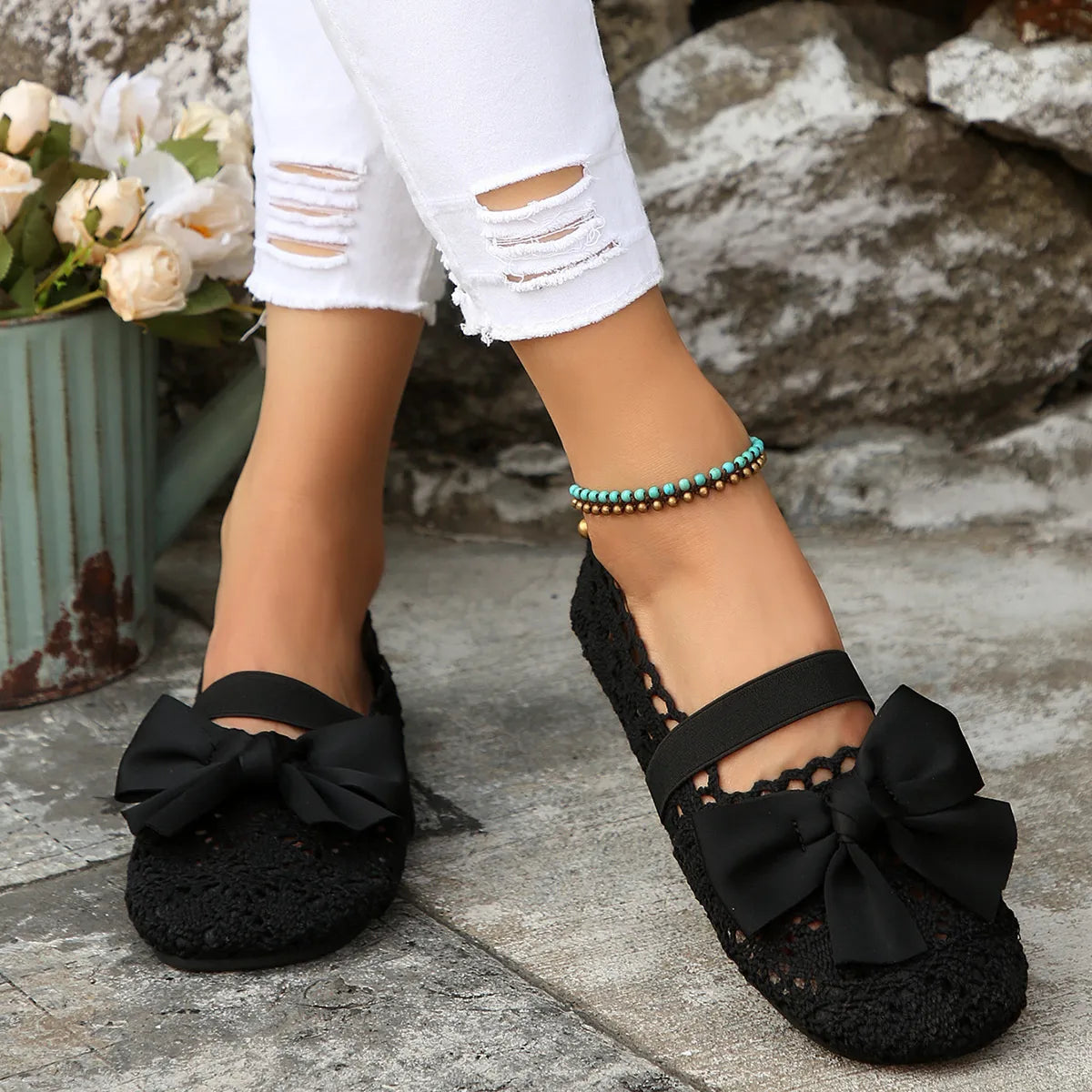 Bow Round Toe Flat Slip-Ons, view 2