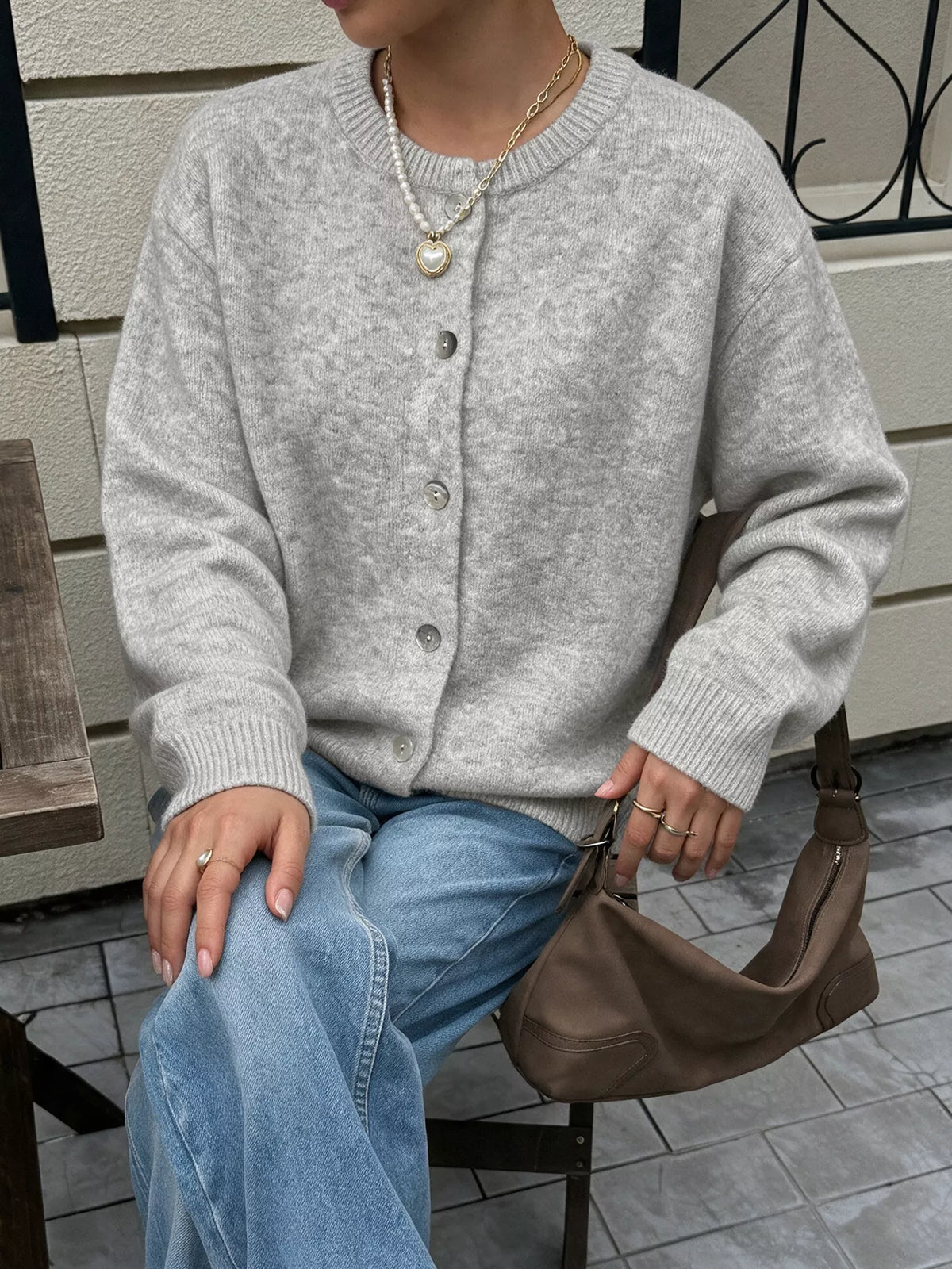 Crew Neck Button-Down Cardigan in Gray/white, view 12