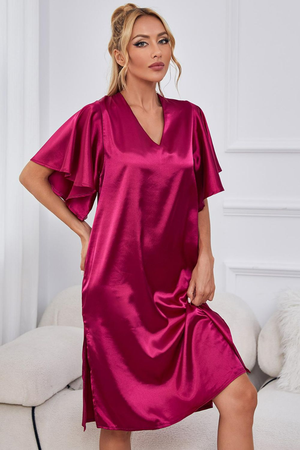 Satin Flutter Sleeve Side Slit V-Neck Night Dress - Lilixa.store