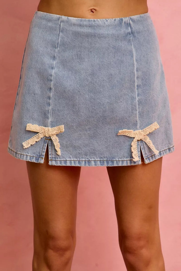 SO ME Lace Ribbon Trim Denim Mini Skirt - Lilixa.store