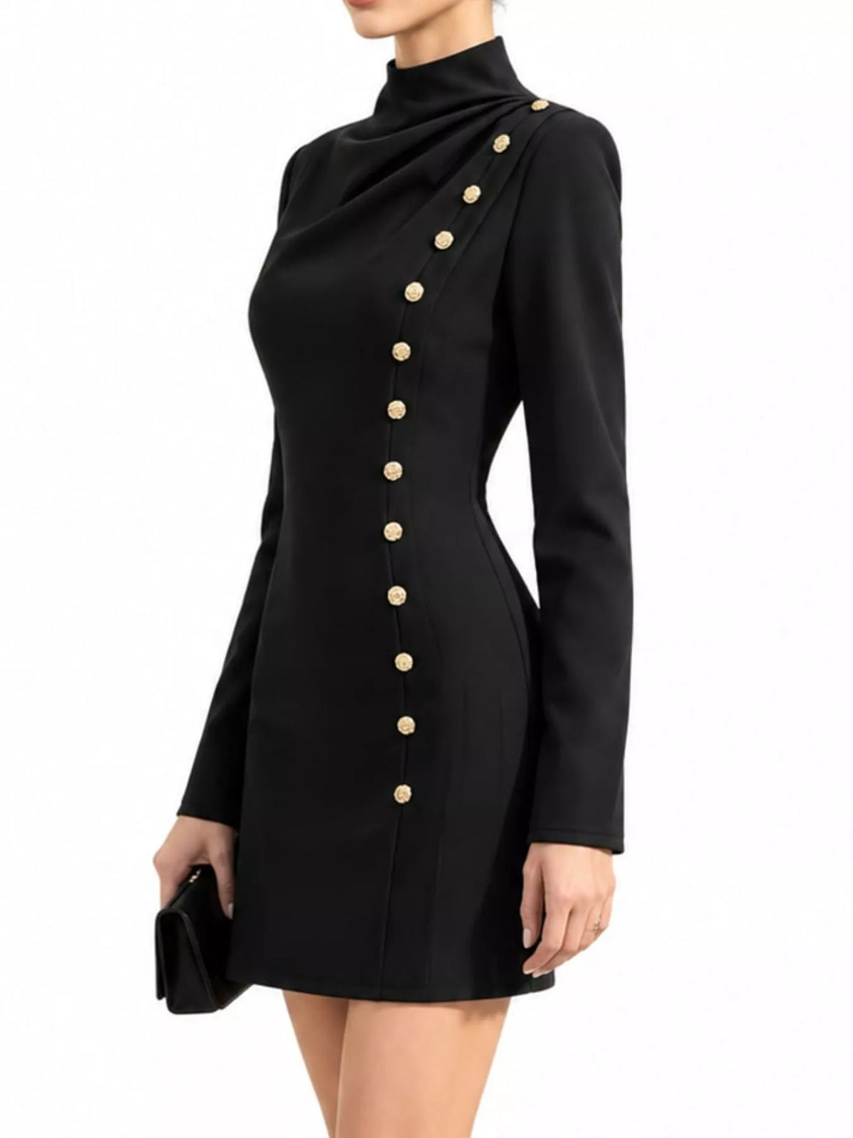 Full Size Decorative Button Mock Neck Mini Dress Plus Size, view 5
