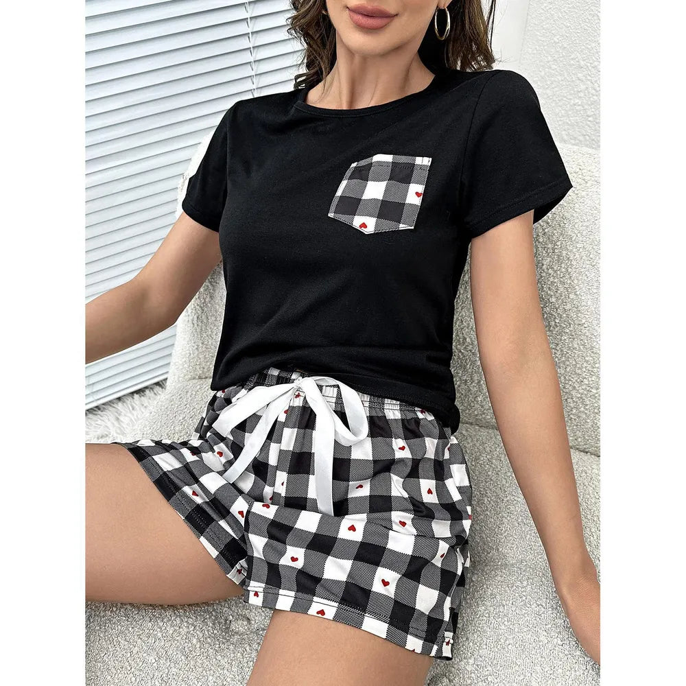 Plaid Heart Top and Shorts Lounge Set - Lilixa.store