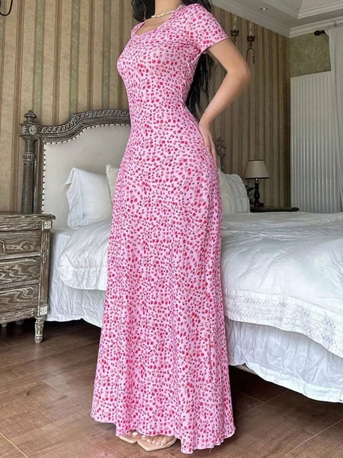 Floral Print Short Sleeve Maxi Dress - Lilixa.store