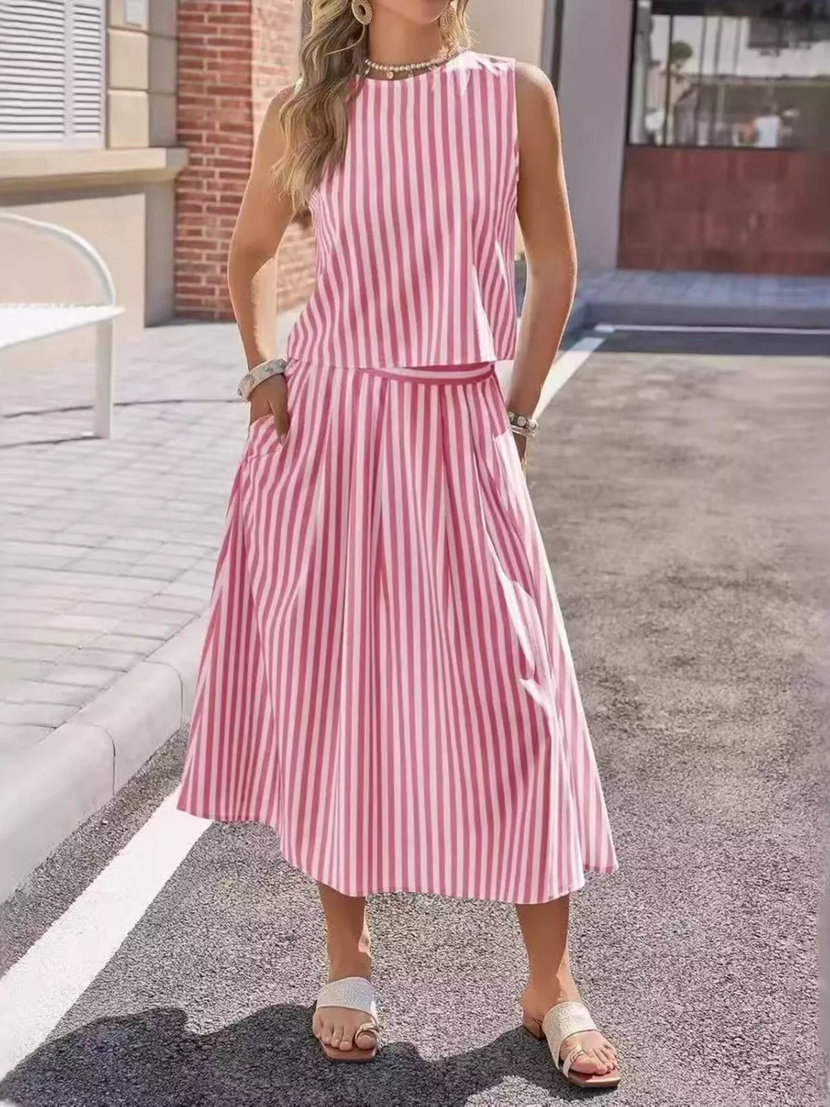 Striped Sleeveless Top and Midi Skirt Two-Piece Set in Red