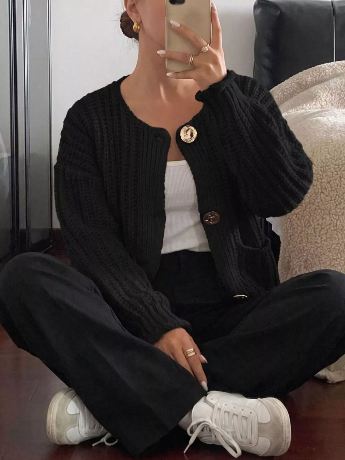 Ribbed Knit Cardigan with Gold-Tone Buttons, view 12