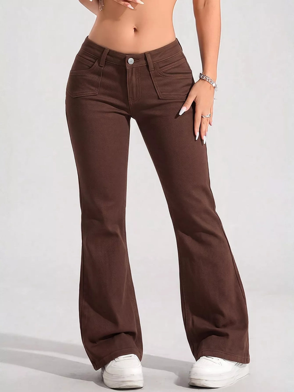 High-Waisted Flare Leg Jeans with Front Pockets in Brown
