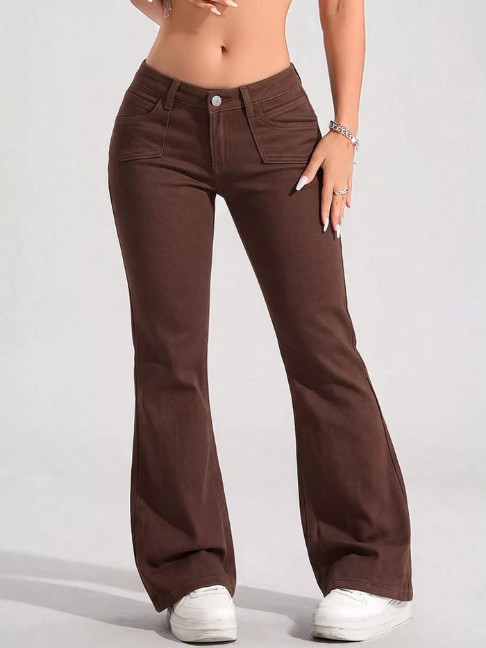 High-Waisted Flare Leg Jeans with Front Pockets in Brown