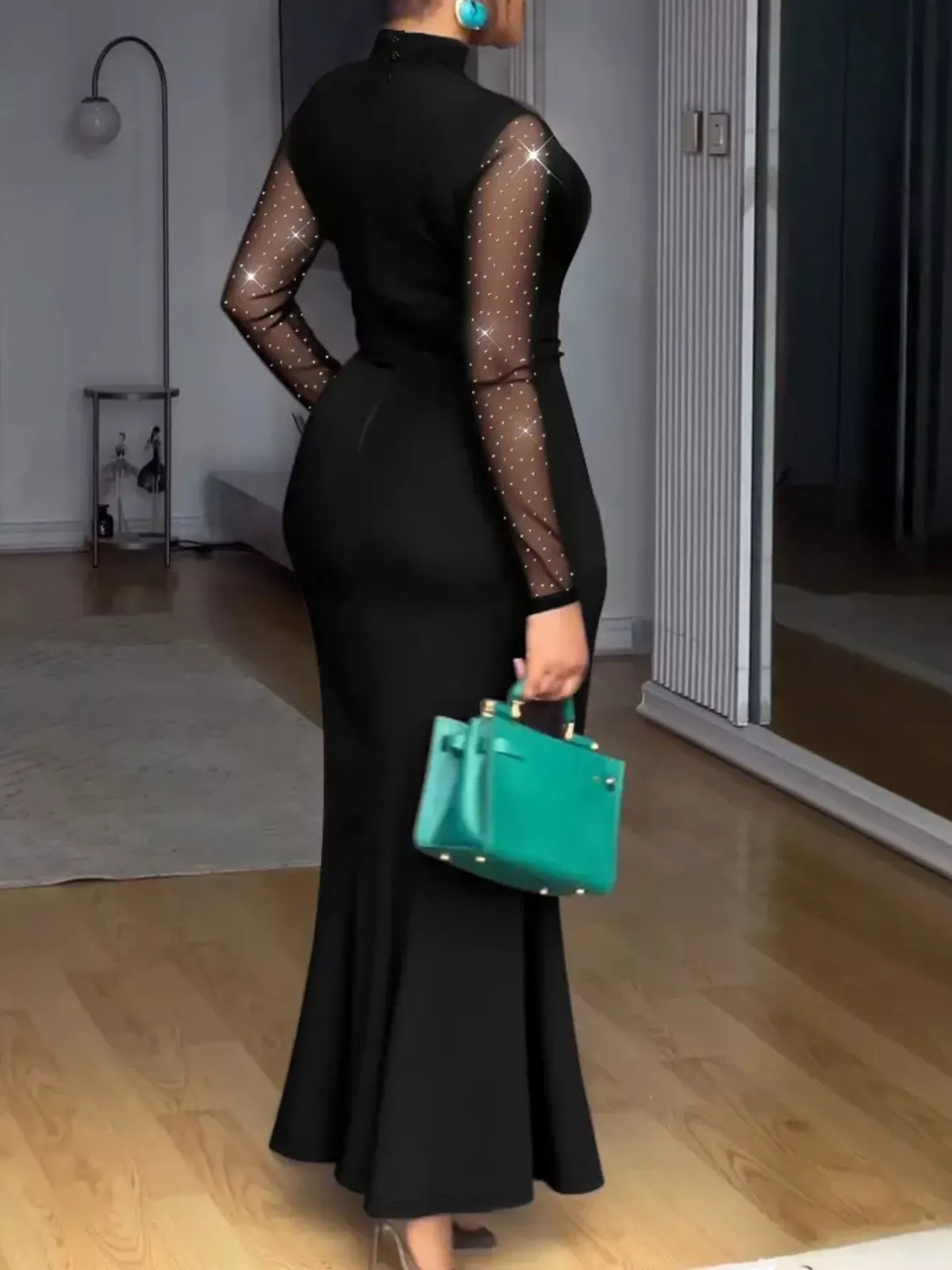 Mesh Mock Neck Long Sleeve Maxi Dress - Lilixa.store