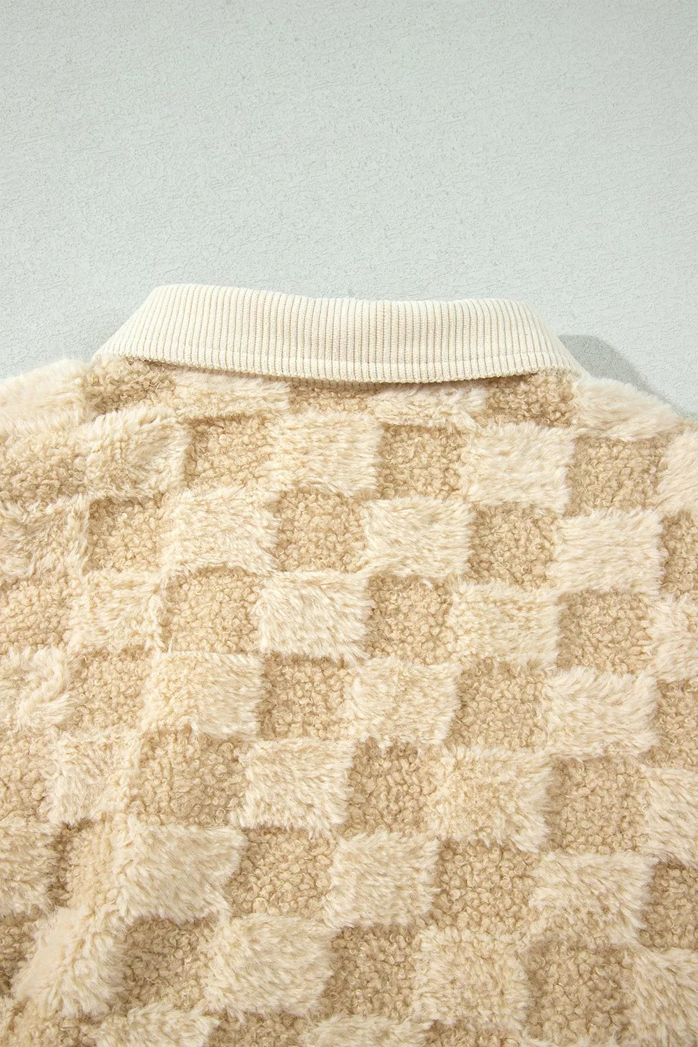 Plush Checkered Corduroy Trim Metal Button Long Sleeve Shift Silhouette Shacket - Lilixa.store