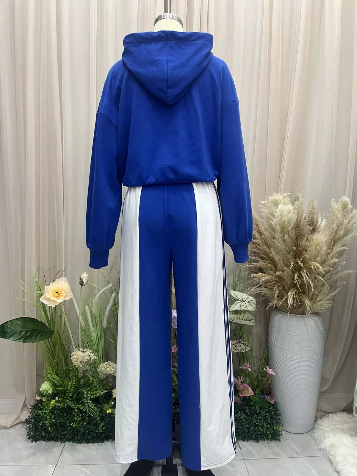 Drawstring Hoodie and Color-Block Wide-Leg Pants Set