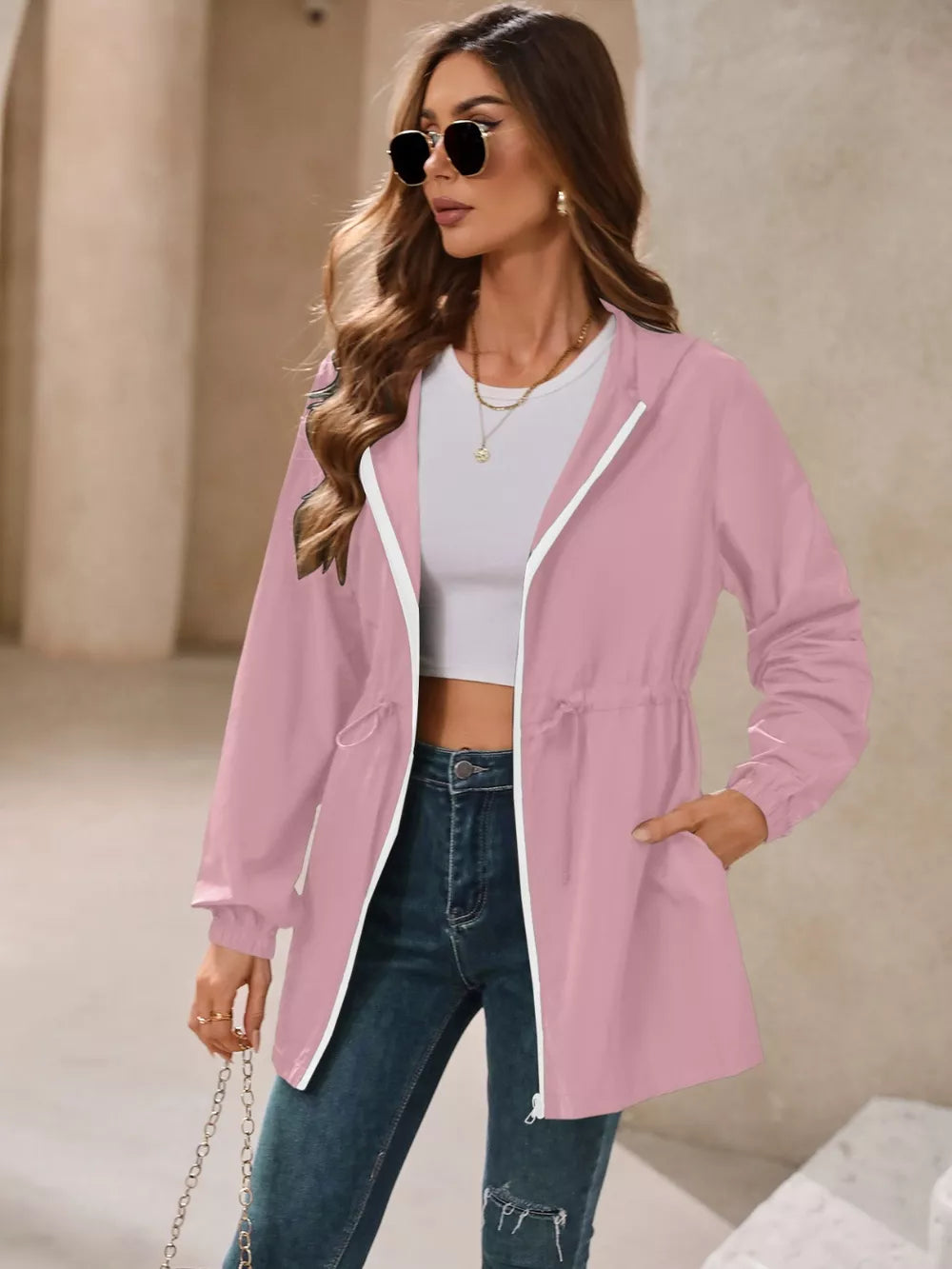 Ivy Lane Outdoor Waterproof Long Sleeve Hooded Windbreaker in Dusty Pink