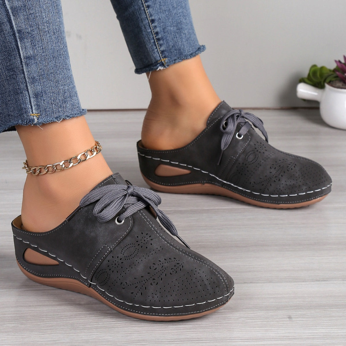 Lace-Up Wedge Slip-Ons in Dark Gray
