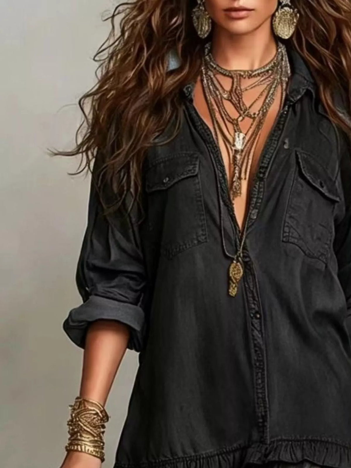 Full Size Tiered Long Sleeve Denim Shirt Maxi Dress Plus Size - Lilixa.store
