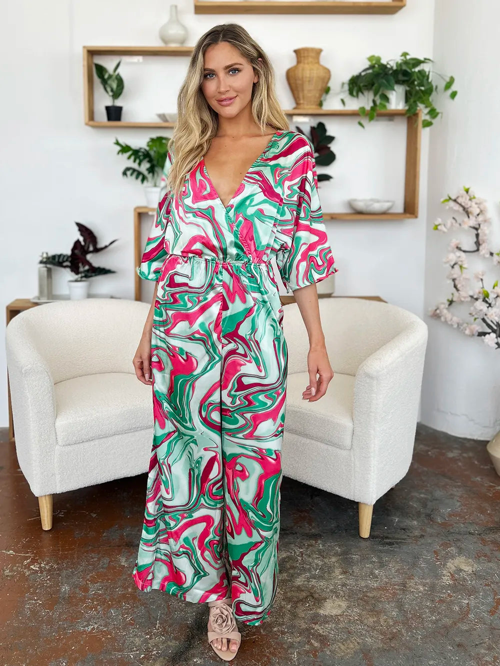 Double Take Full Size Half Sleeve Wide Leg Jumpsuit in Green, view 10