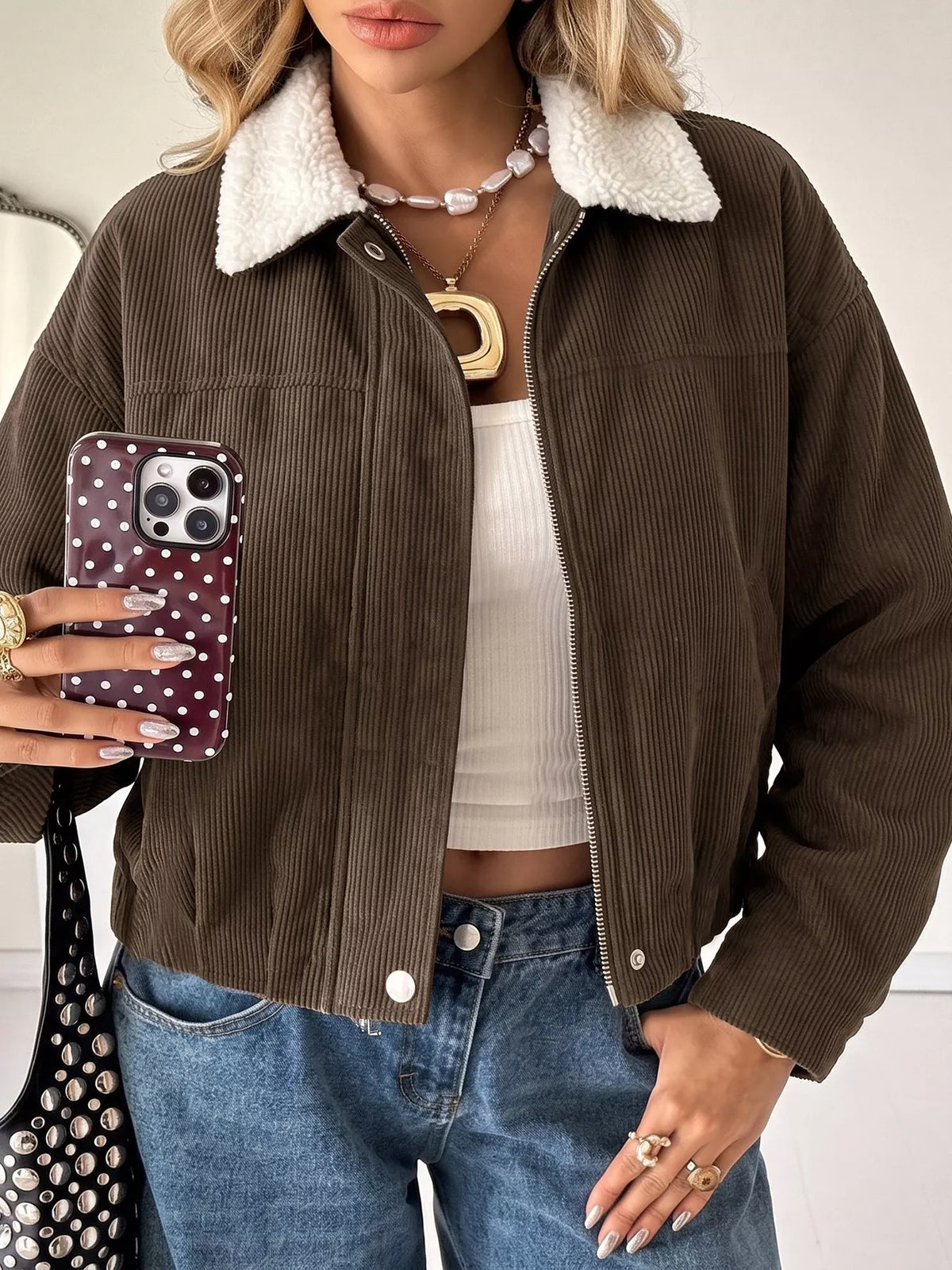 Contrast Sherpa Collar Corduroy Zip Up Jacket