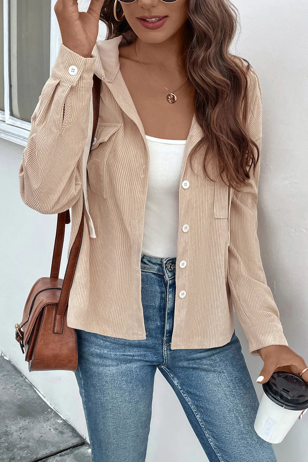 Perfee Ribbed Button Up Drawstring Hooded Jacket in Sand, view 4