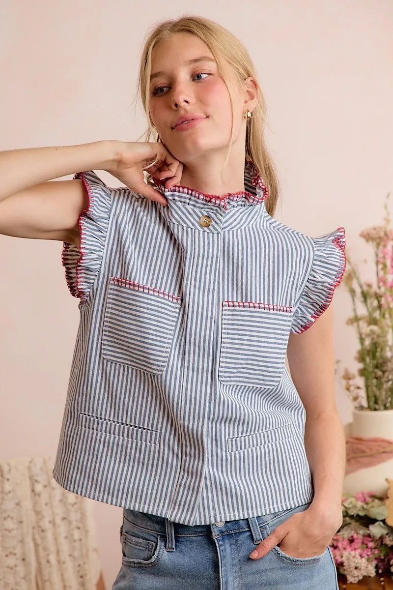 SO ME Stripe Twill Stitch Ruffled Hidden Button Vest Top - Lilixa.store
