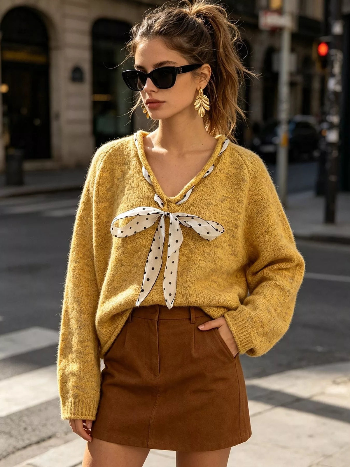 Chic V-Neck Sweater with Polka Dot Ribbon Tie in Yellow