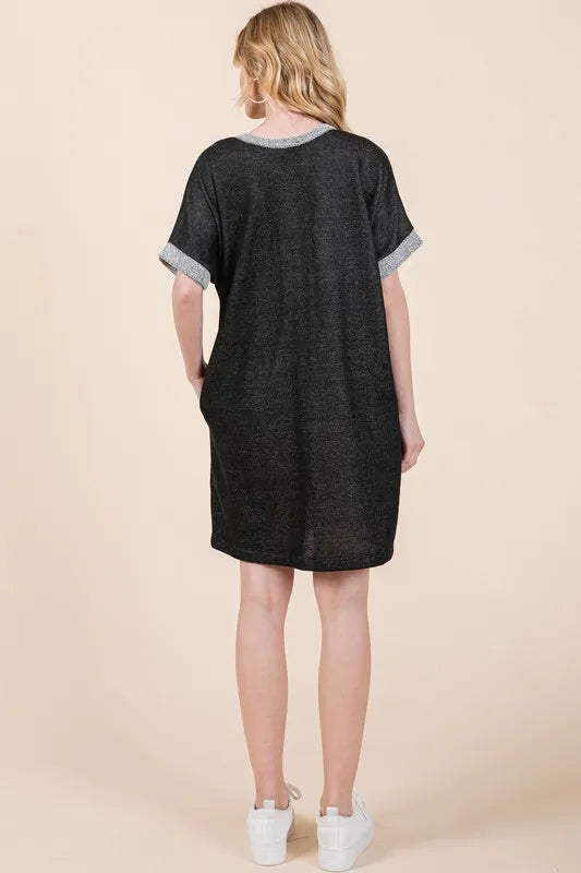Casual Contrast Trim Henley Dress in Black, view 3
