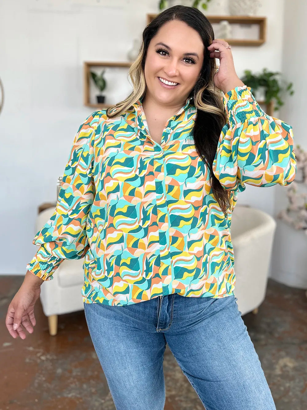 Double Take Full Size Printed Smocked Long Sleeve Blouse in Turquoise, view 13
