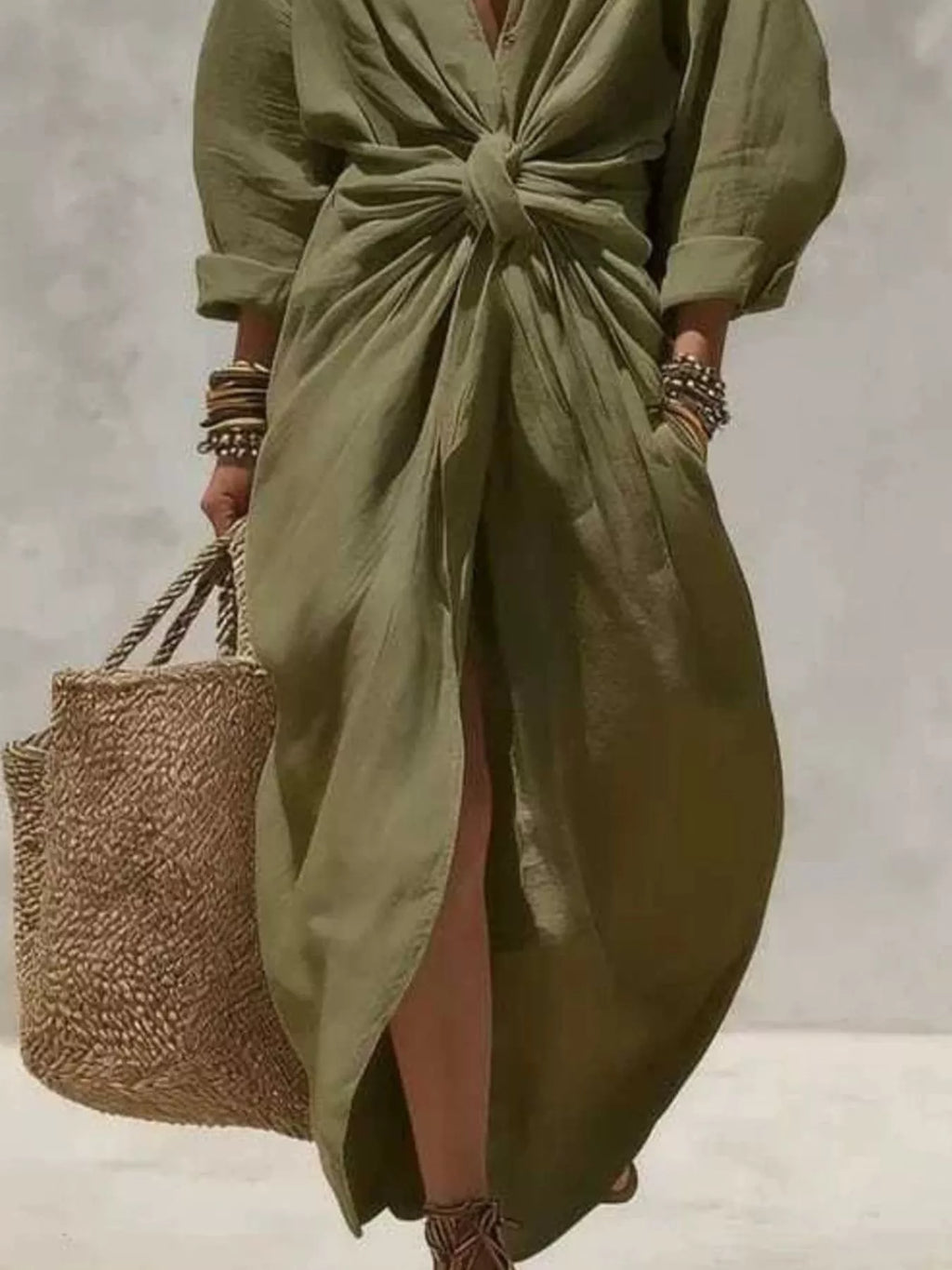 Front-Tie Maxi Shirt Dress - Lilixa.store