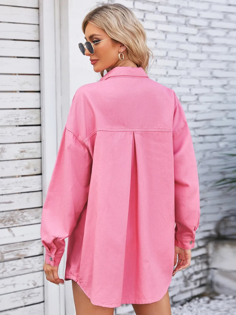 Pocketed Snap Down Dropped Shoulder Denim Shacket, view 5