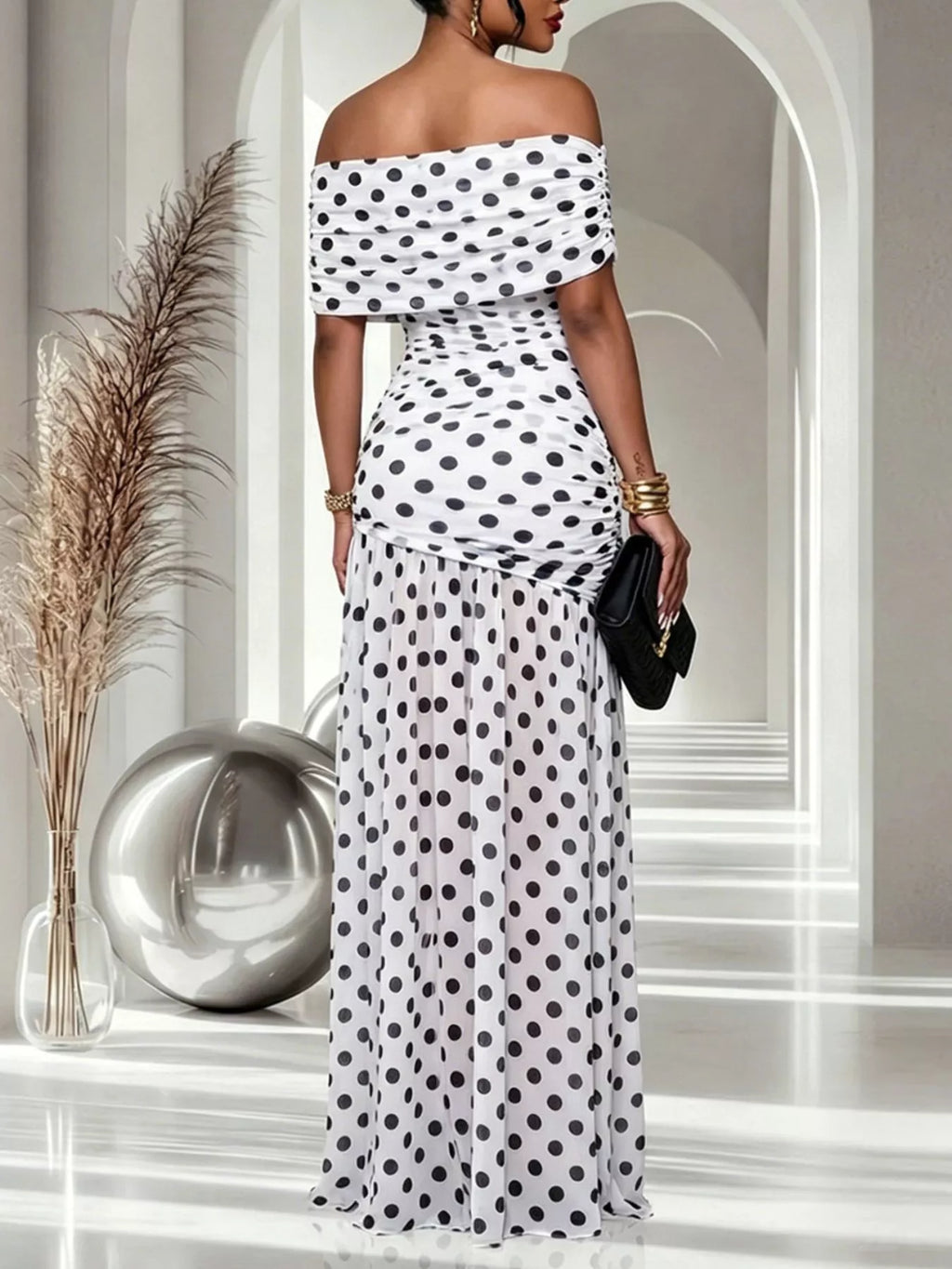 Polka Dot Off Shoulder Slit Maxi Dress - Lilixa.store