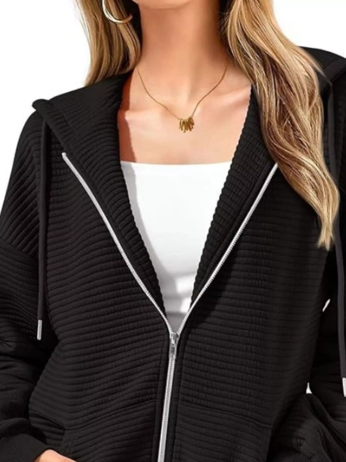 Drawstring Zip Up Dropped Shoulder Hoodie - Lilixa.store