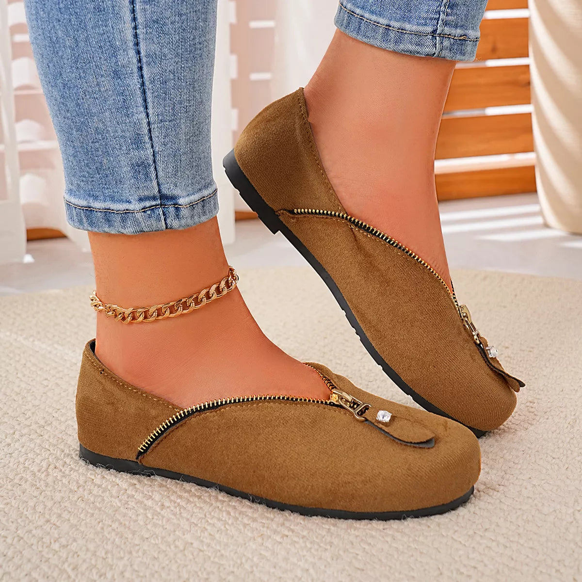 Chic Zipper Detail Flats Slip‑Ons - Lilixa.store