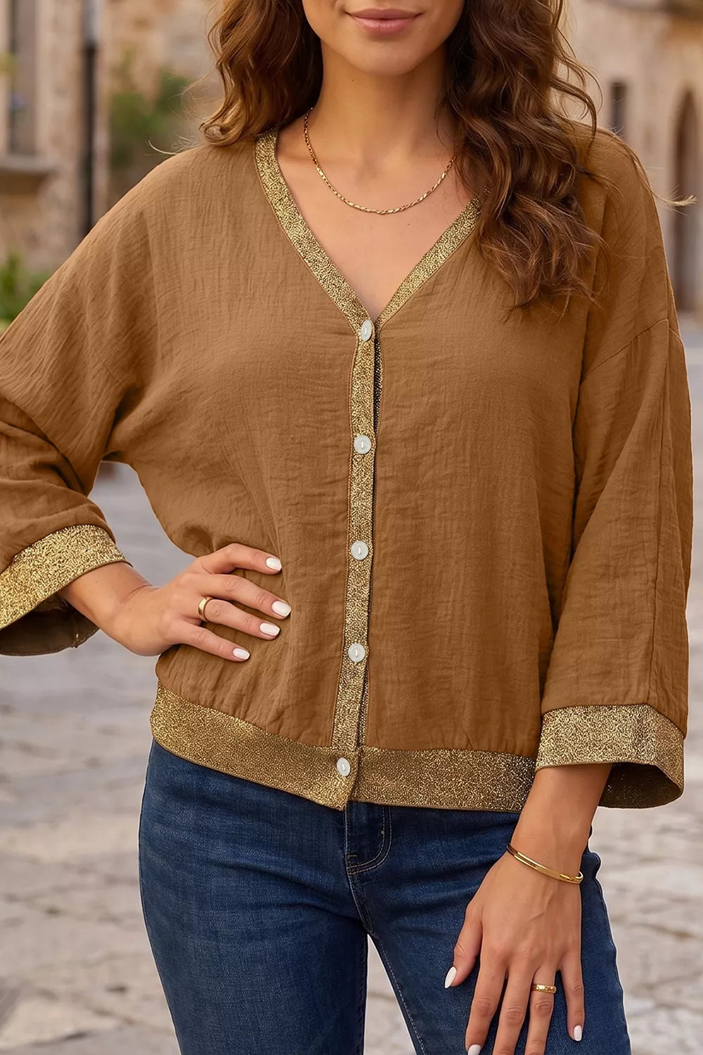 V-Neck Button Up Shirt in Caramel