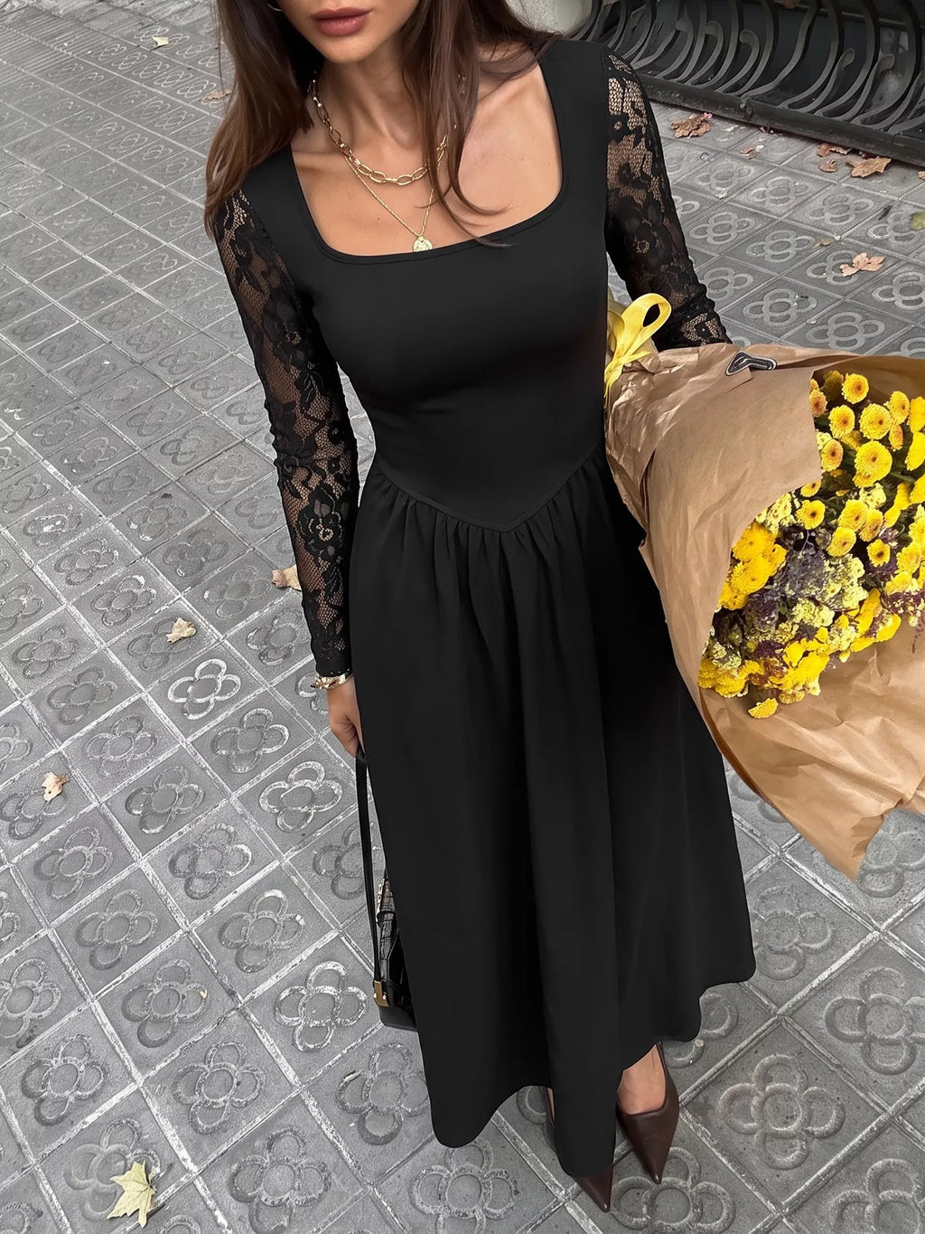 Square Neck Sheer Sleeve Maxi Dress - Lilixa.store