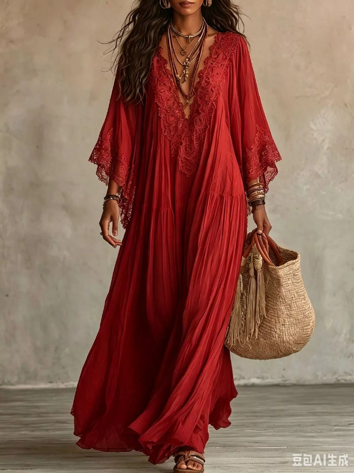 Lace Trim V-Neck Maxi Dress - Lilixa.store