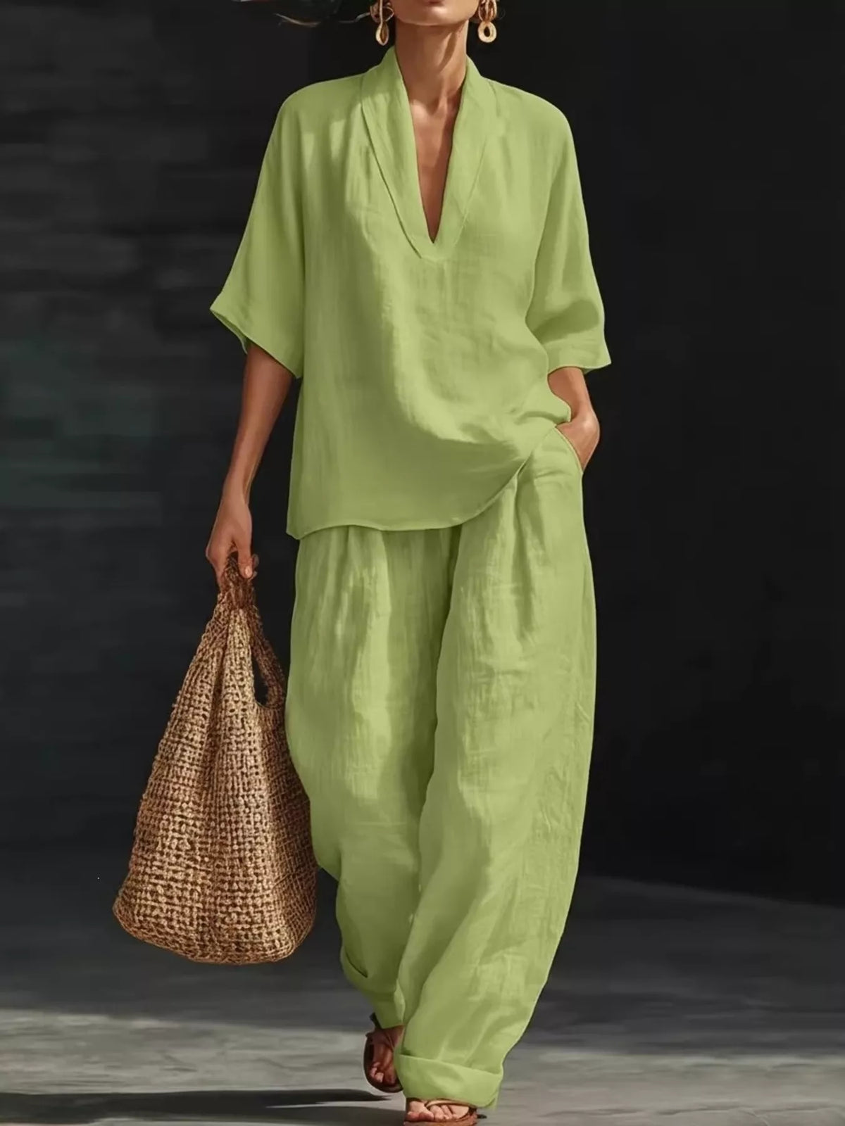 Full Size Half Sleeve Top and Wide Leg Pants Set Plus Size