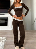 Long Sleeve Lace Trim Crop Top and Wide Leg Pants Set - Lilixa.store