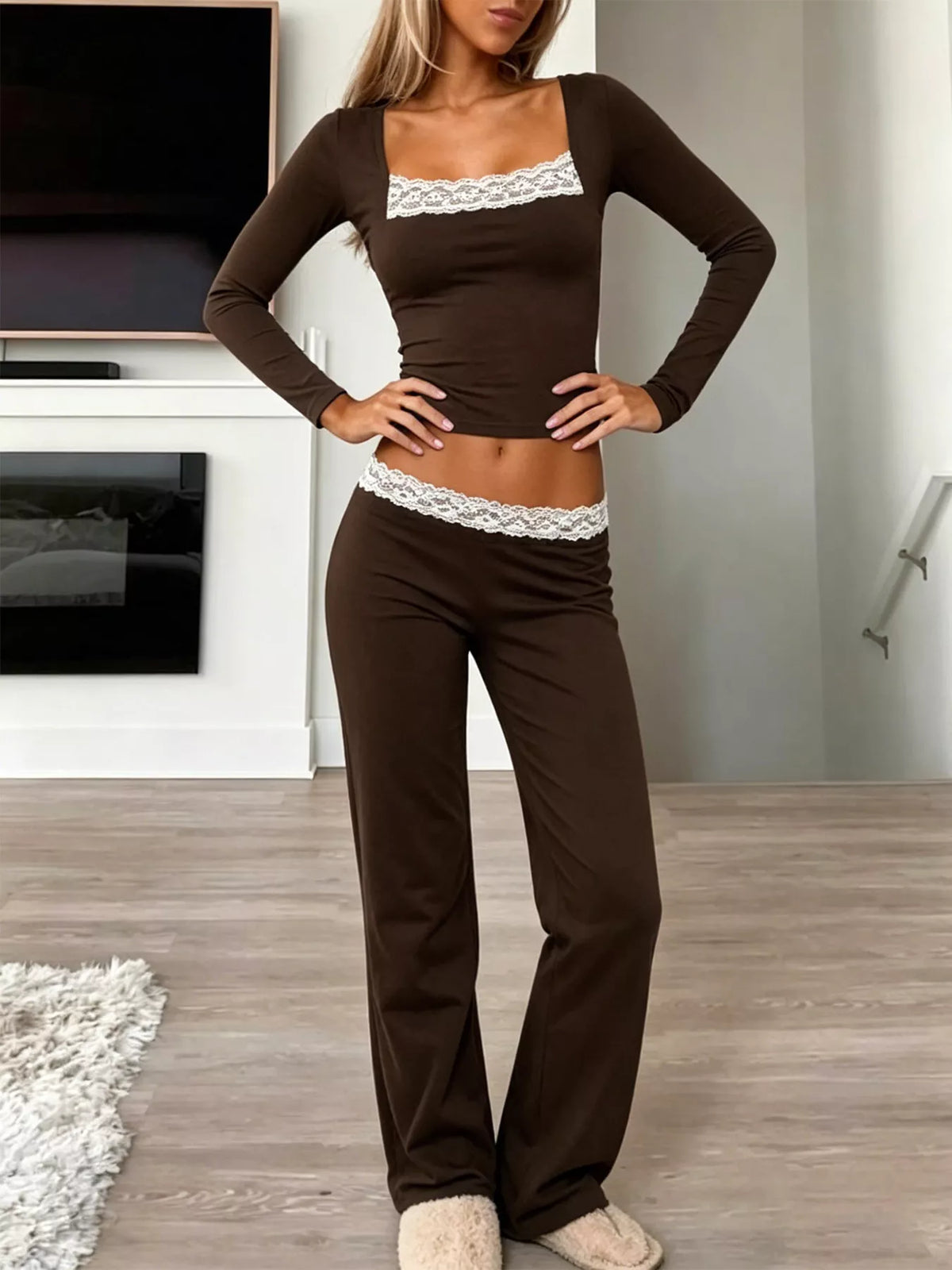 Long Sleeve Lace Trim Crop Top and Wide Leg Pants Set - Lilixa.store