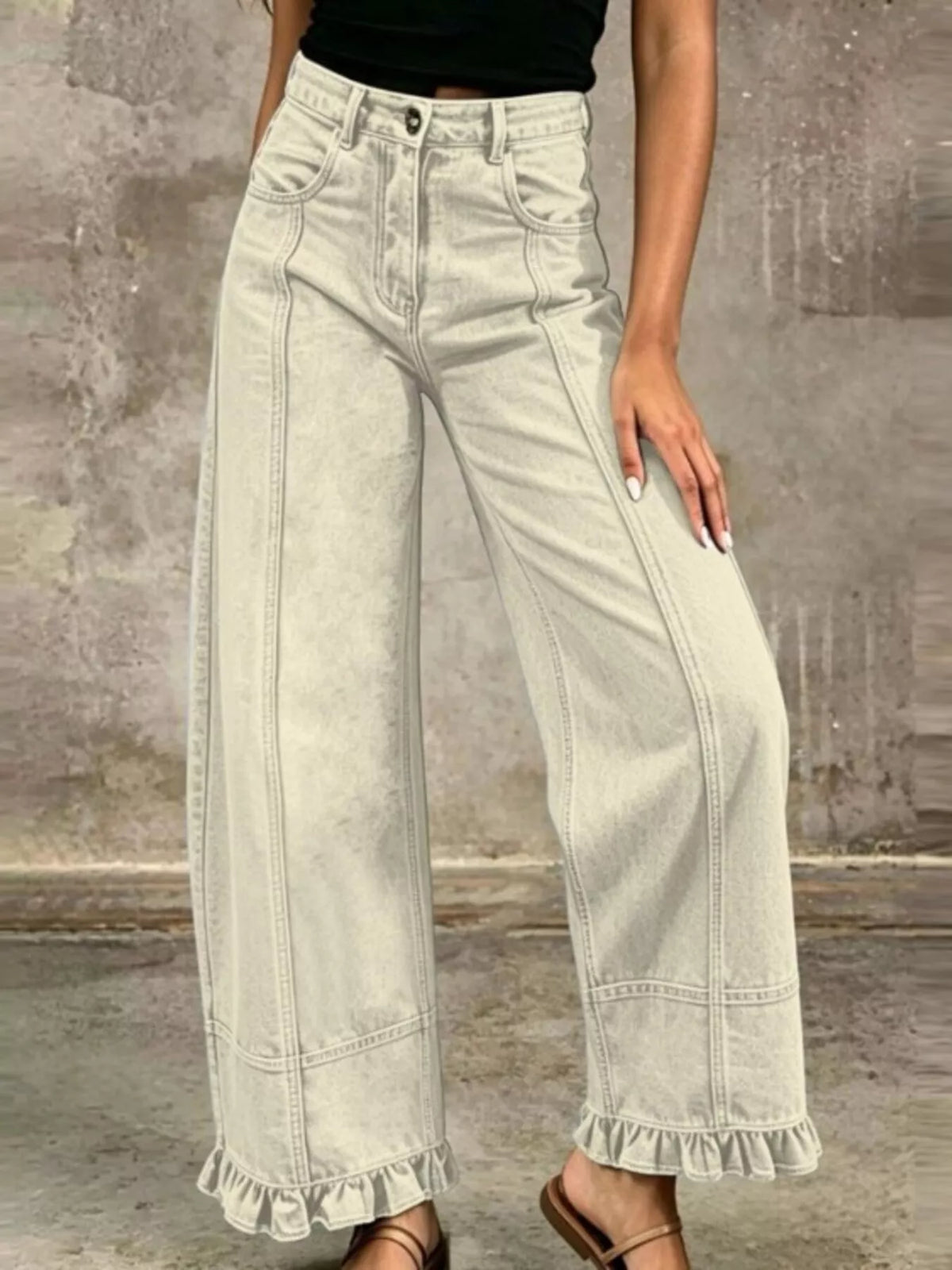 Full Size High-Waisted Wide-Leg Ruffle Hem Jeans Plus Size in Beige