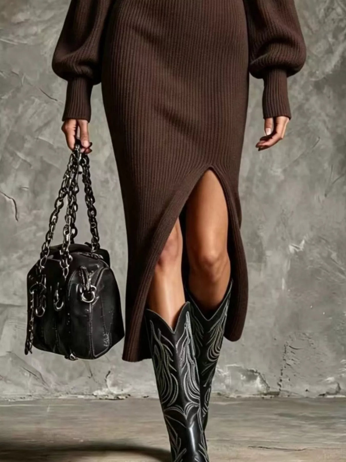 Ribbed Knit Quarter-Zip Lantern Sleeve Sweater Dress, view 8