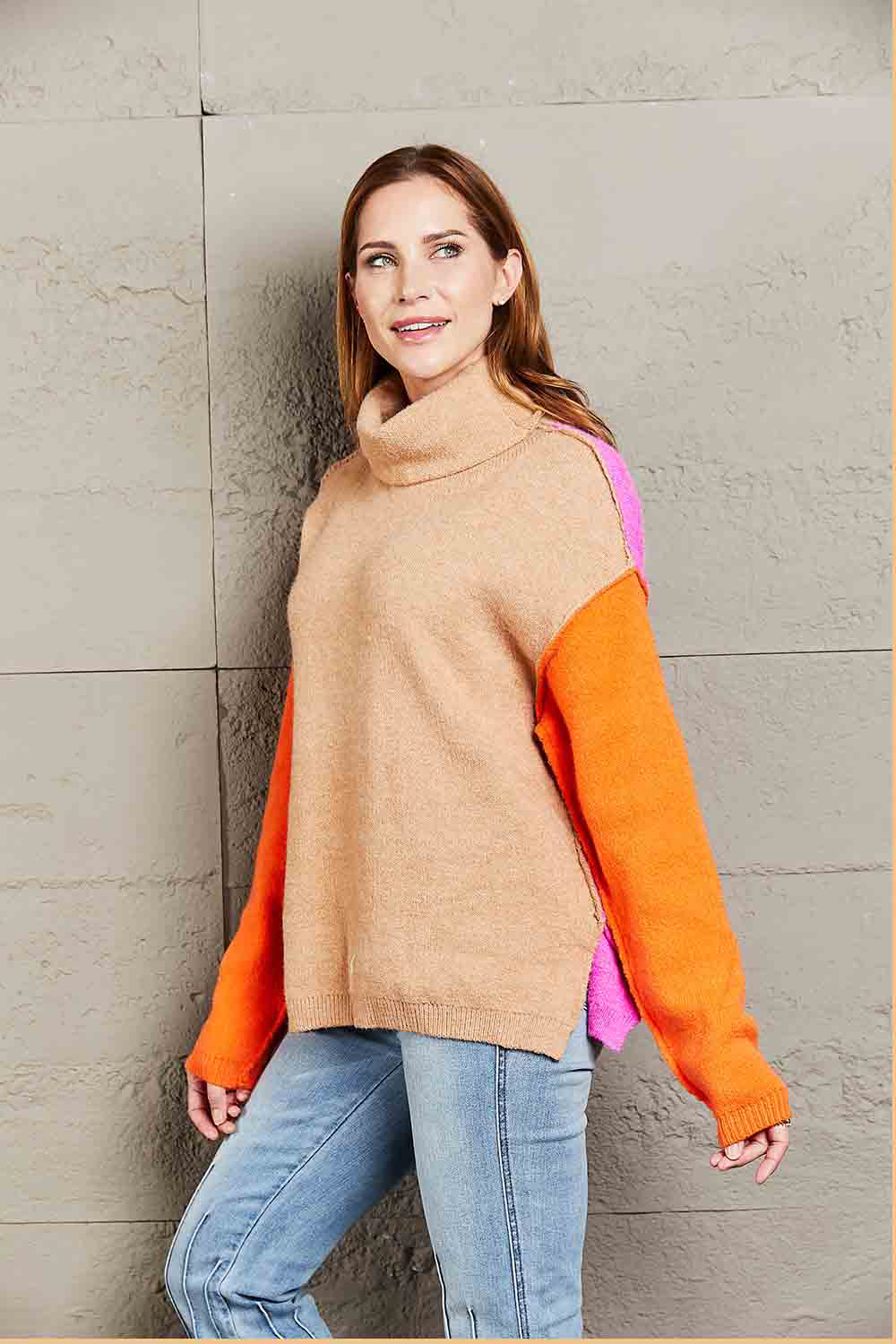 Angel Wings Color Block Turtleneck Slit Sweater, view 2