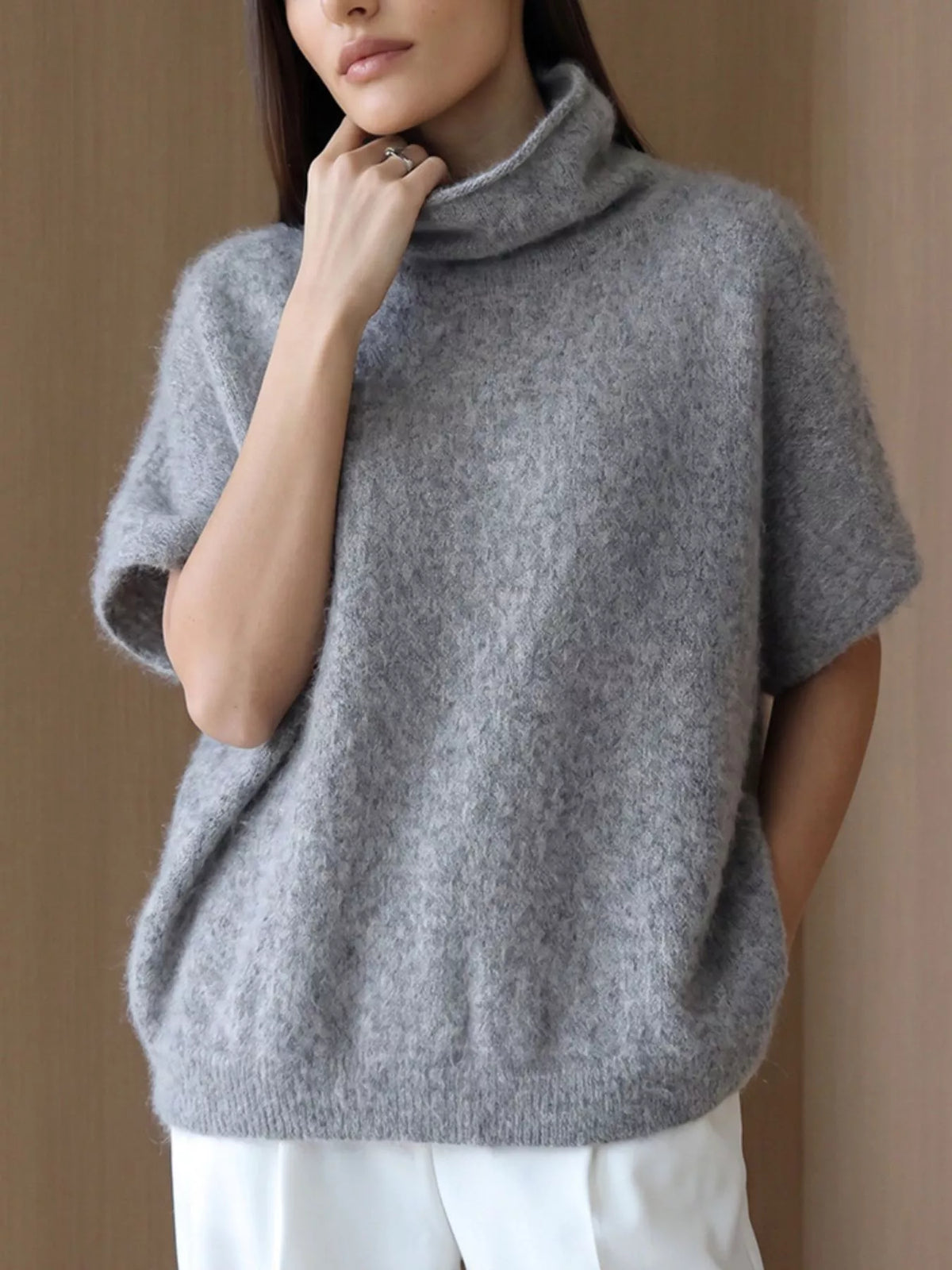 Turtleneck Fuzzy Short Sleeve Sweater, view 13